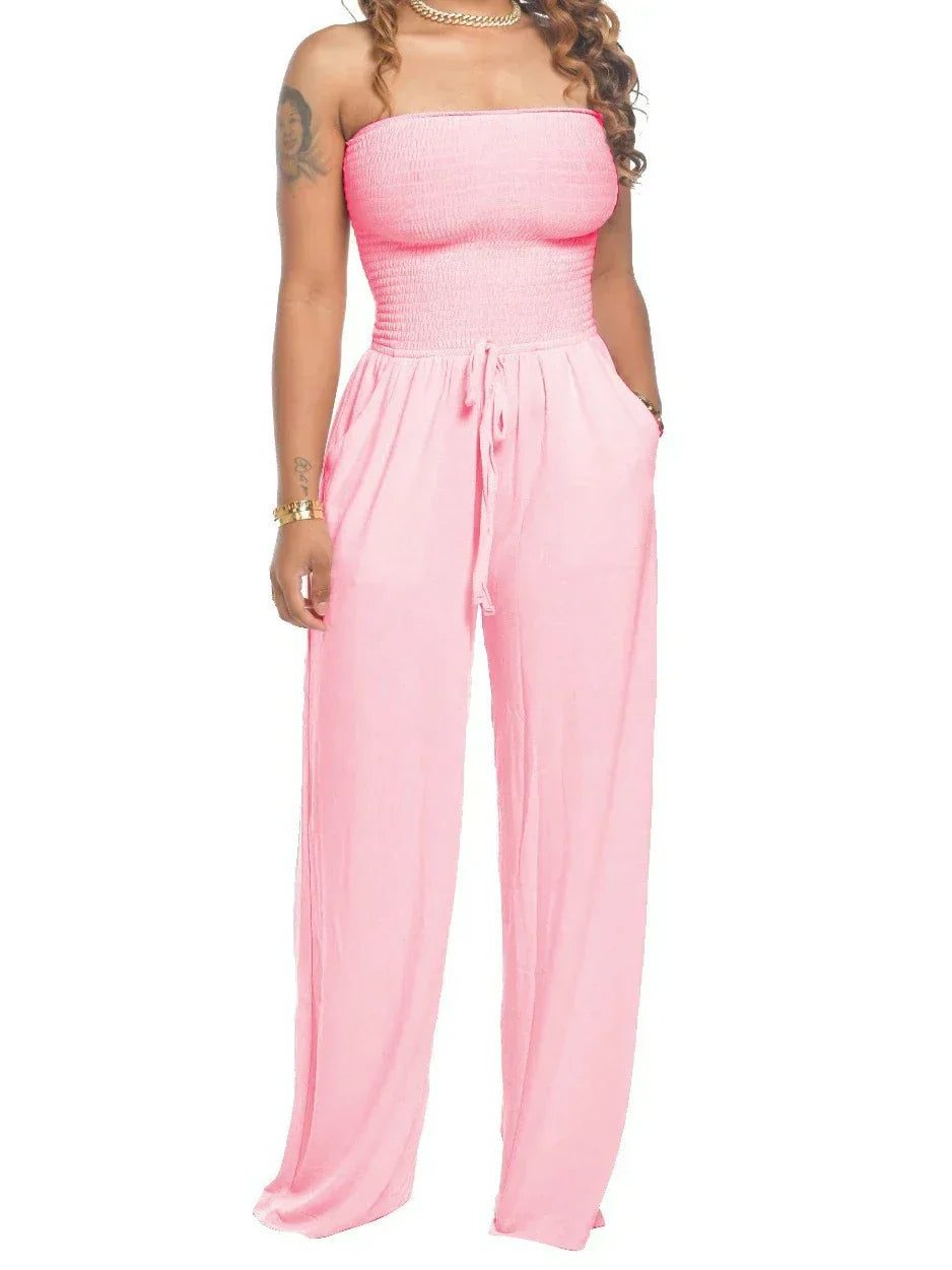 Off Shoulder Solid Color Smocked Jumpsuit