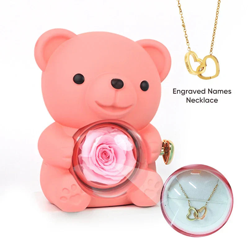 Engraved Heart Necklace with Real Rose Bear Giftbox Rose Shaped Necklace Gift Box Jewellery Gift Box