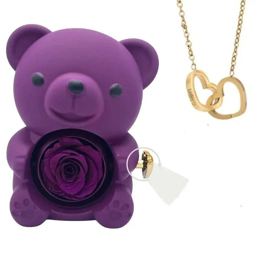 Romantic Teddy Red Bear with Preserved Rose - Real Rose in Elegant Black Gift Box for Anniversaries, Weddings, Bridal Showers, and Mother's Day /beating heart gift.