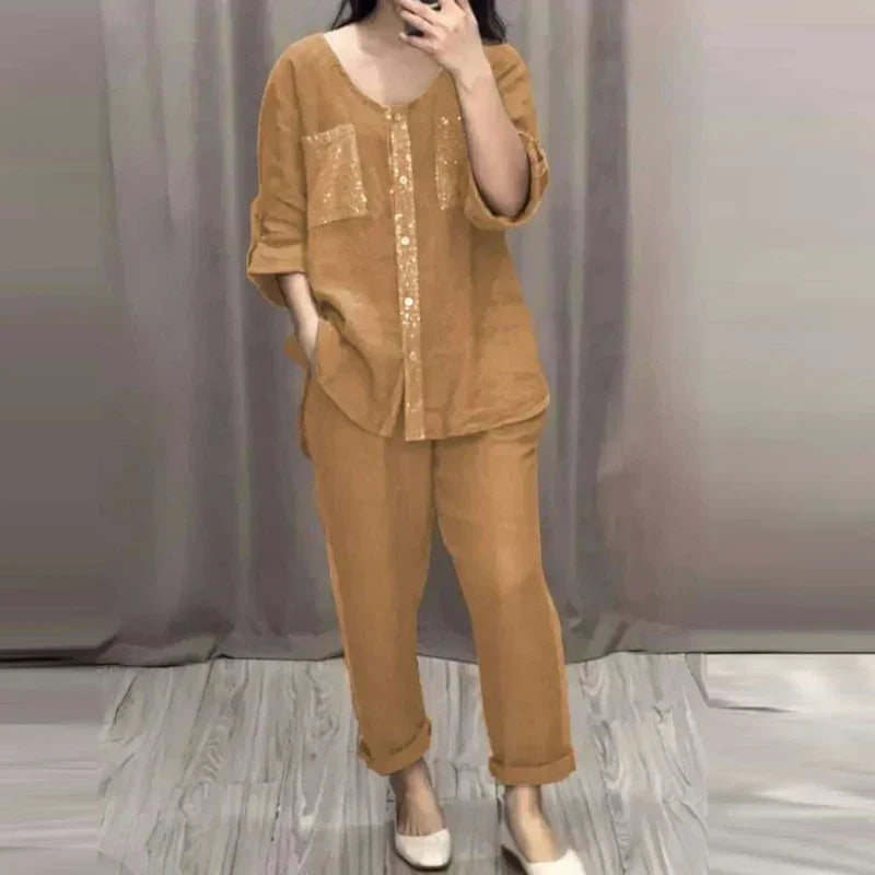 Sequined Round Neck Mid-sleeve Two-piece Suit