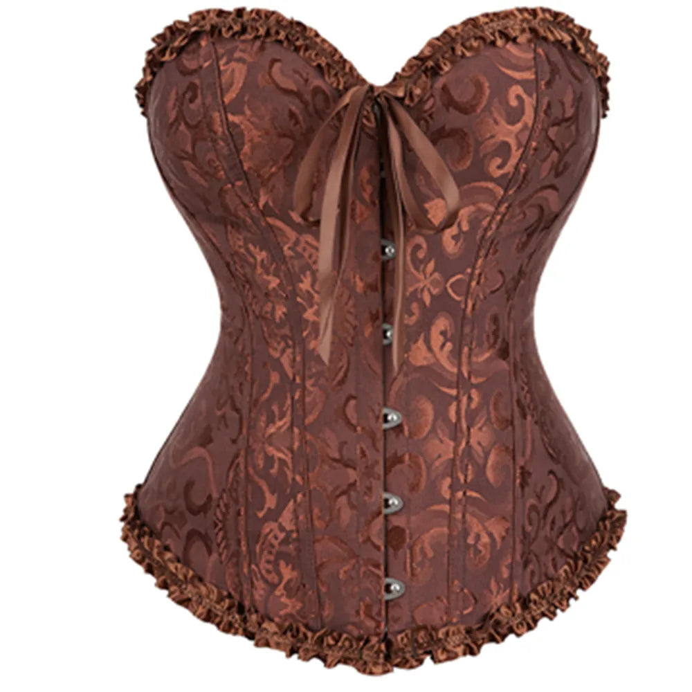 Women's Lacing Corset Top Satin Floral Boned Overbust Body Shaper Bustier