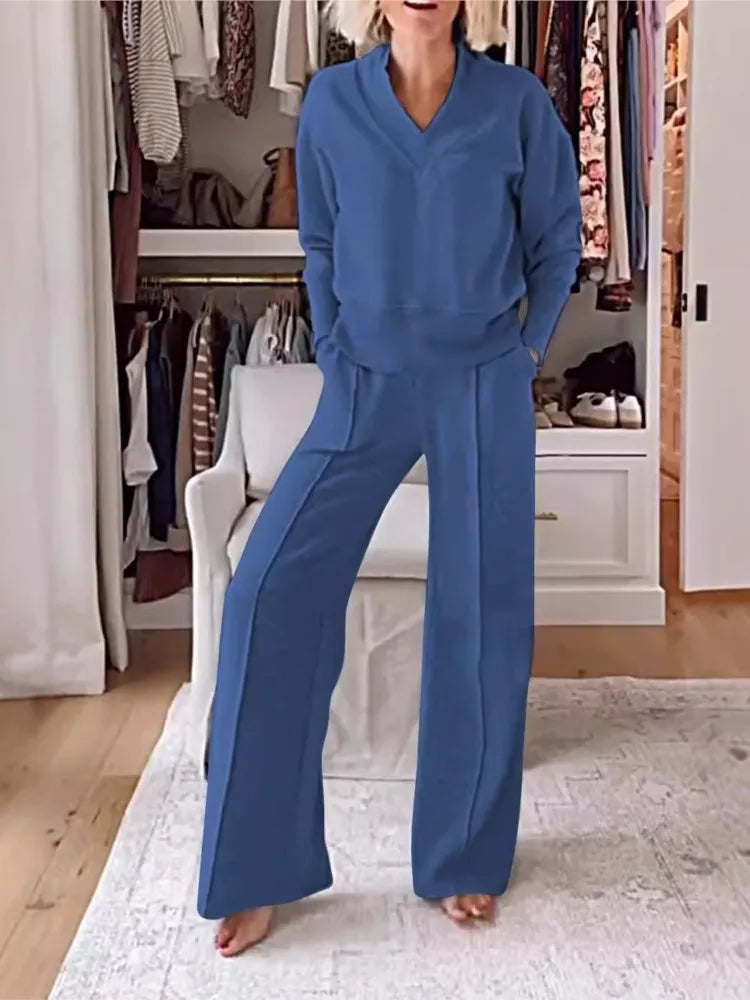 Women's Solid Color V-neck Top & Pants Two-piece Set