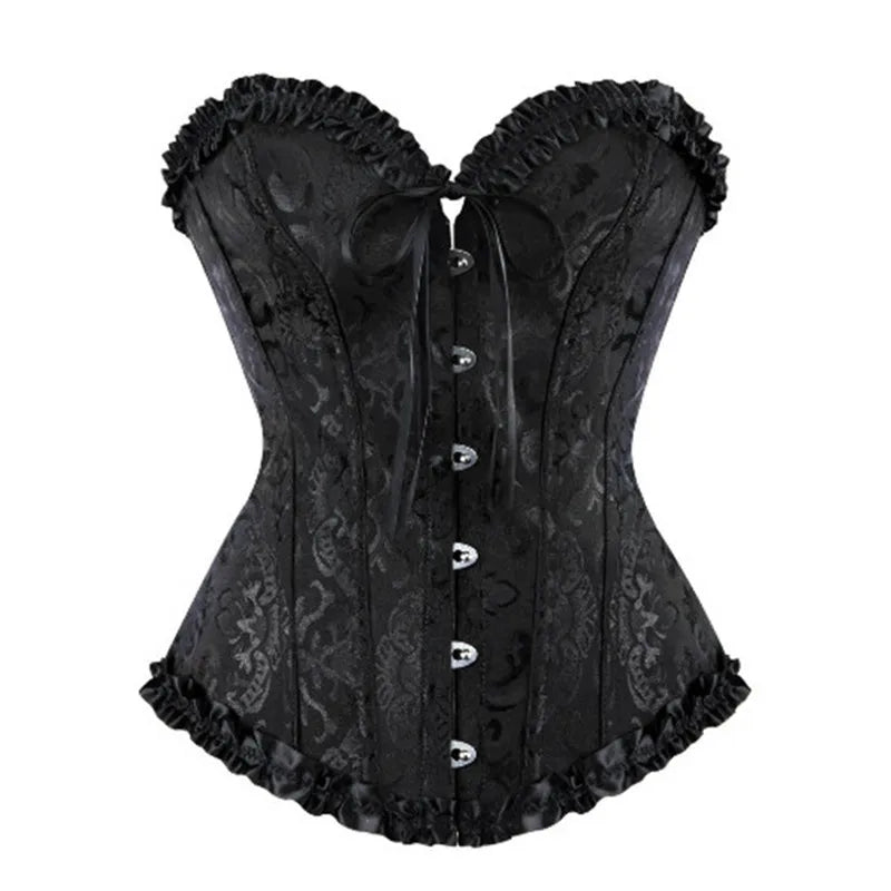 Women's Lacing Corset Top Satin Floral Boned Overbust Body Shaper Bustier