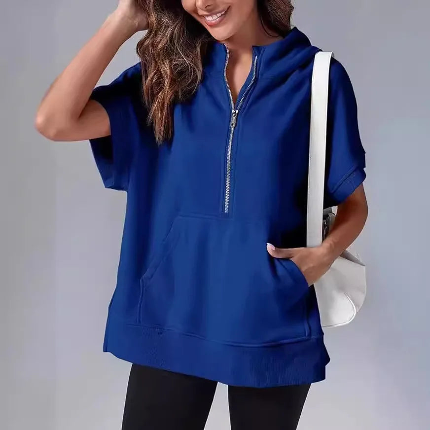 Oversized Casual Half Zip Short Sleeve Pullover Tops with Pockets