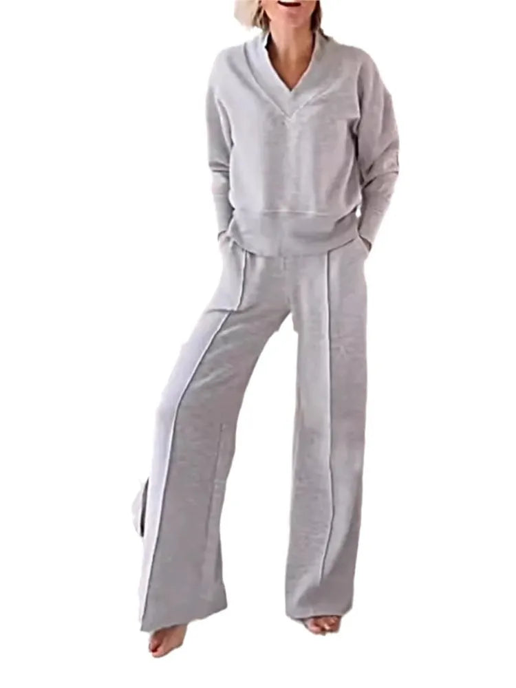 Women's Solid Color V-neck Top & Pants Two-piece Set