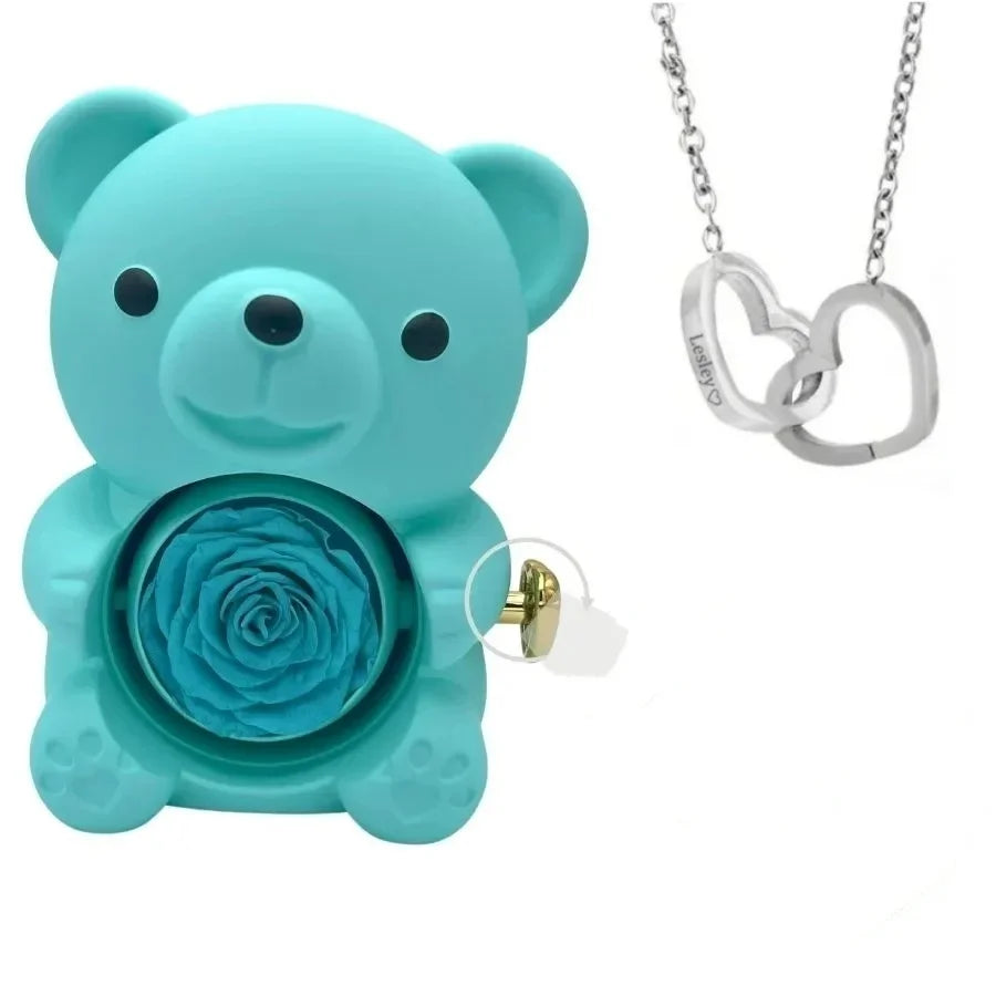Romantic Teddy Red Bear with Preserved Rose - Real Rose in Elegant Black Gift Box for Anniversaries, Weddings, Bridal Showers, and Mother's Day /beating heart gift.