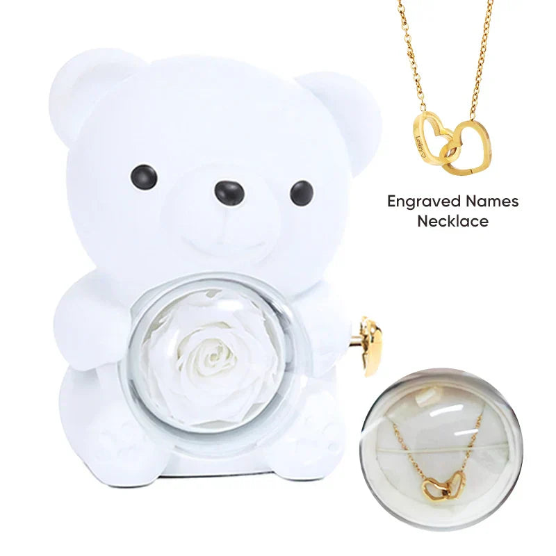 Engraved Heart Necklace with Real Rose Bear Giftbox Rose Shaped Necklace Gift Box Jewellery Gift Box