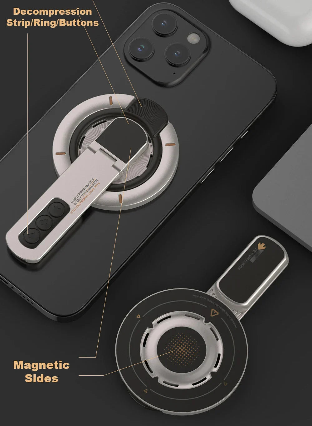 Double-Sided Magnetic Decompression Ring Phone Holder 360° Rotating Silicone Zinc Alloy Ultra-Thin Magnetic Phone Holder
