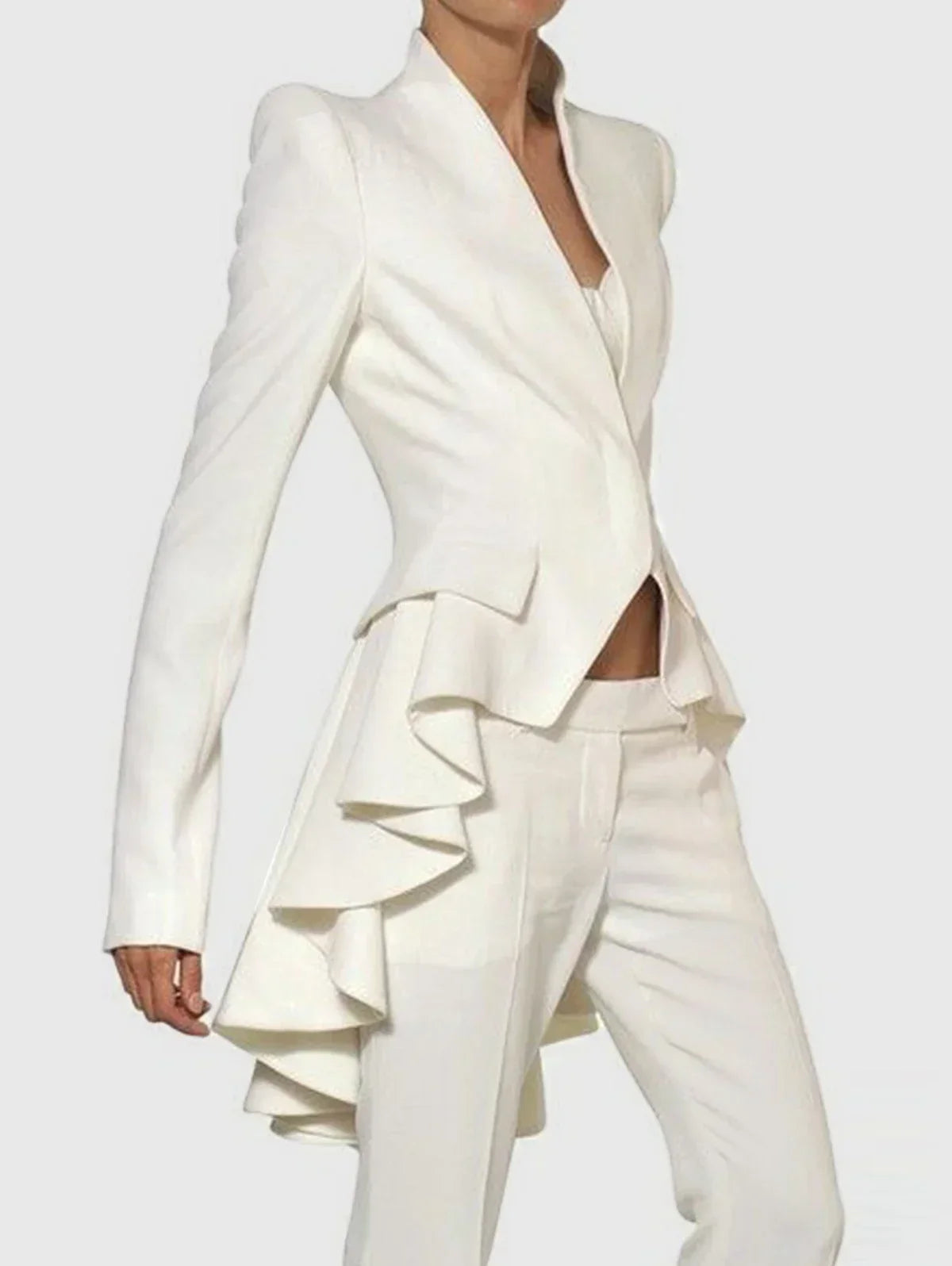 Elegant White Tailored Blazer Dress with Ruffle Detail