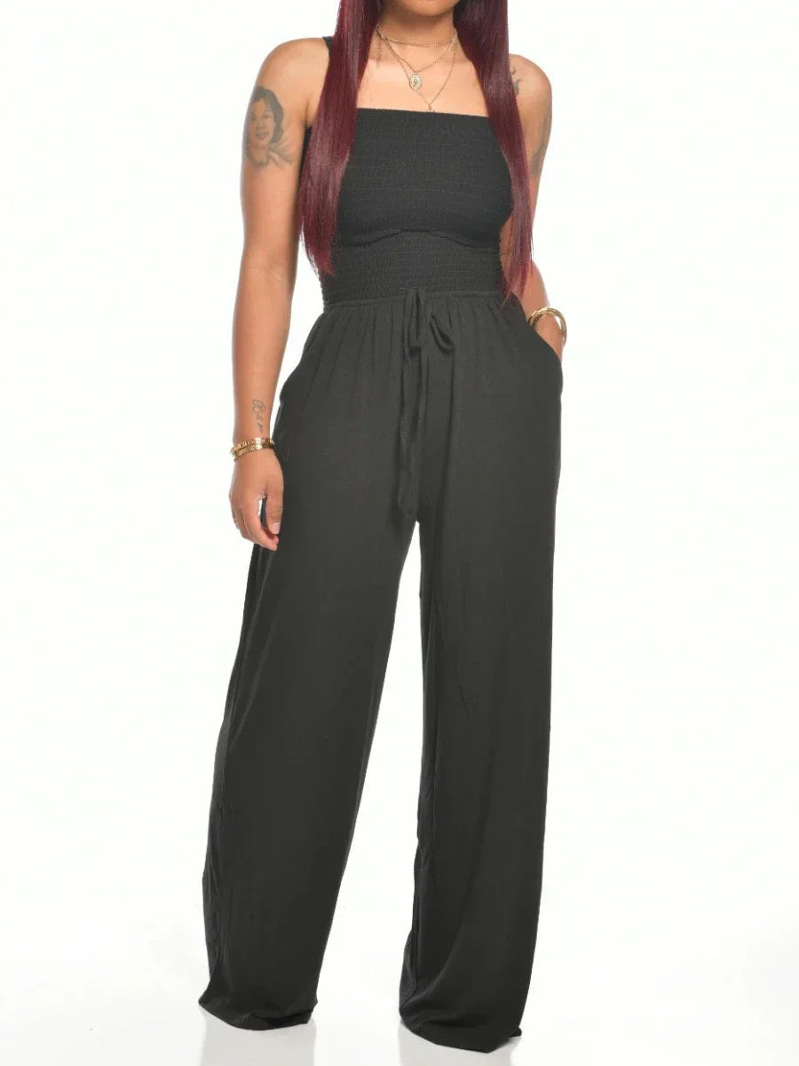 Off Shoulder Solid Color Smocked Jumpsuit