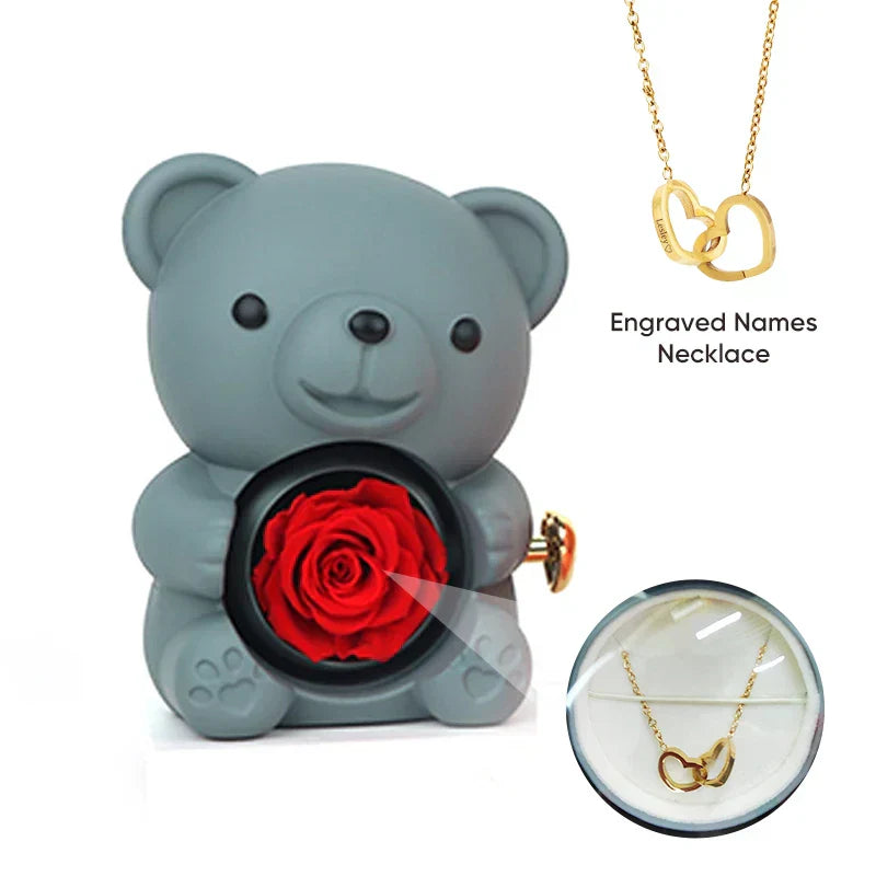 Engraved Heart Necklace with Real Rose Bear Giftbox Rose Shaped Necklace Gift Box Jewellery Gift Box