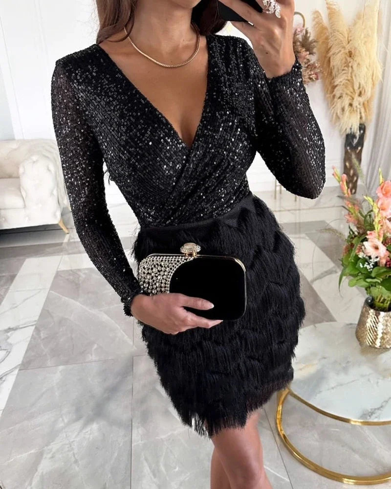 ✨New Arrival✨Sequined Patchwork Layered Fringed Mini Dress