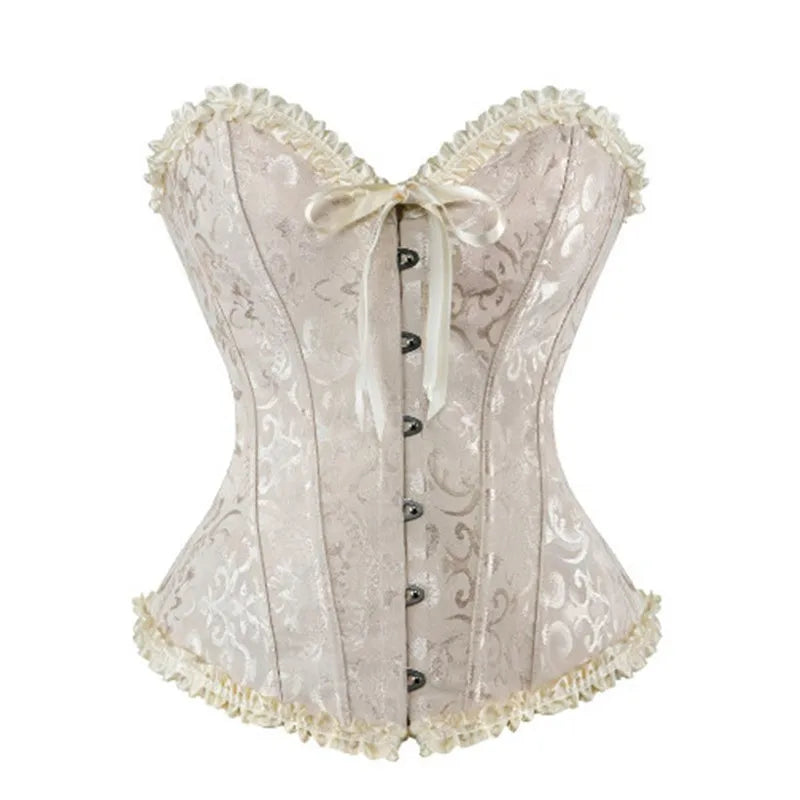 Women's Lacing Corset Top Satin Floral Boned Overbust Body Shaper Bustier
