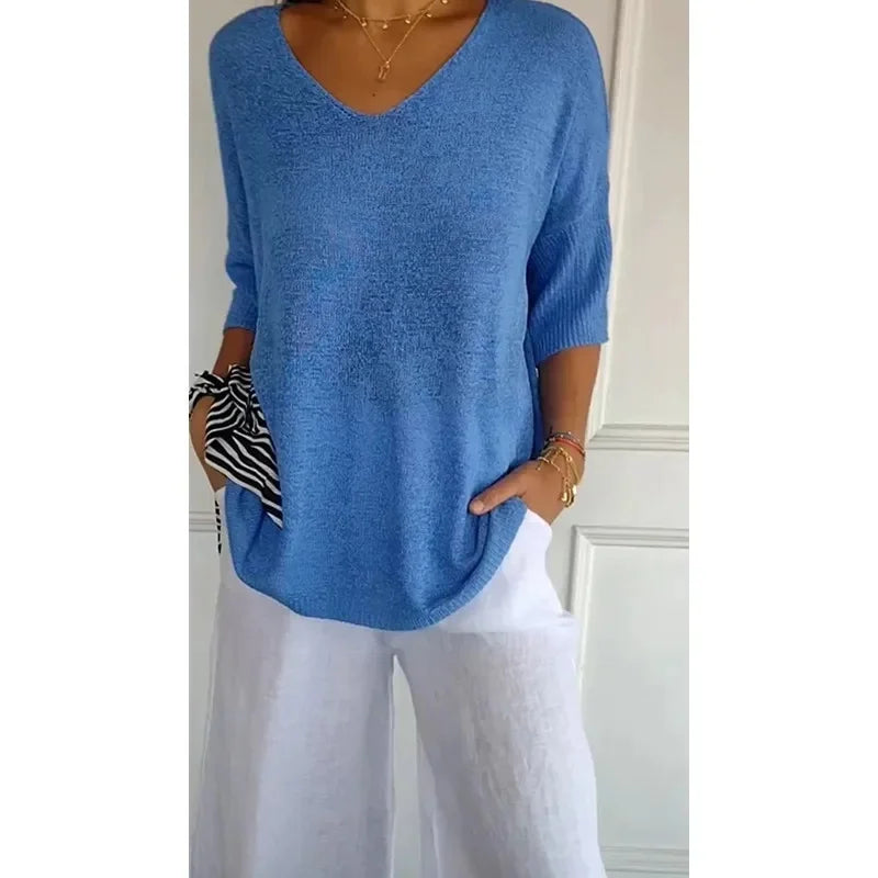 Solid Color Knitted V-neck Top