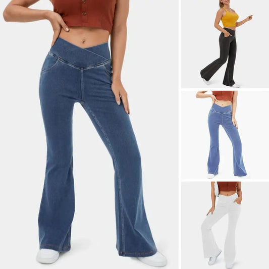 Stretchy Denim High Waisted Crossover Flare Pants