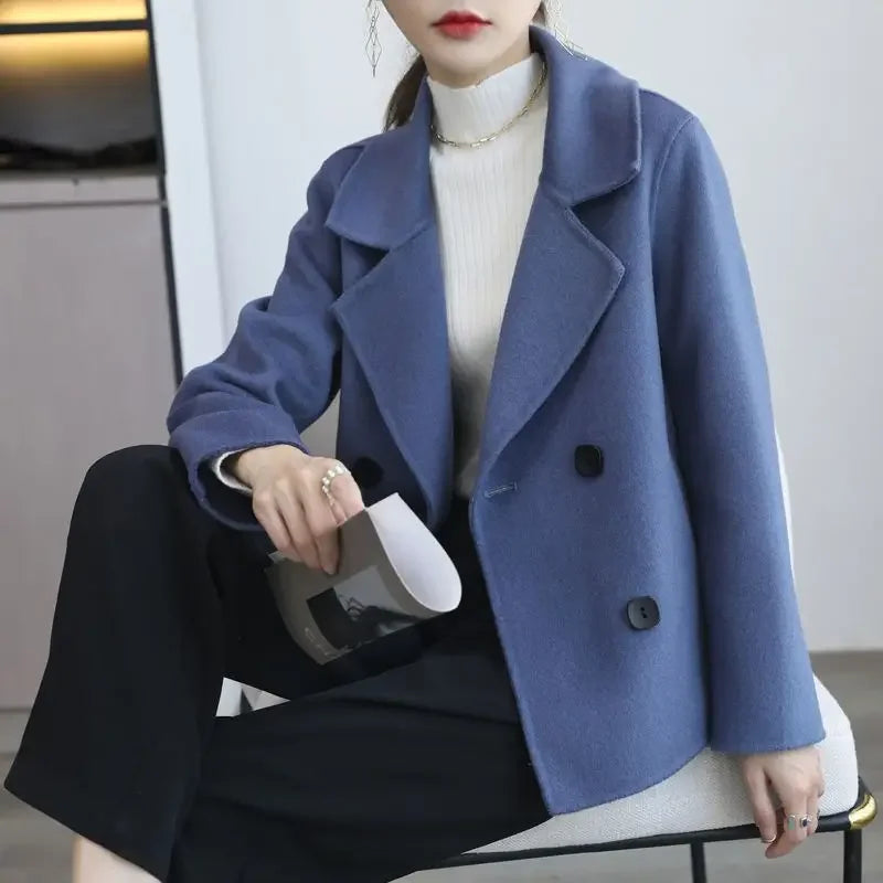 Women's Lapel Button Patchwork Sleeve Casual Coat with Two Pockets on the Sides