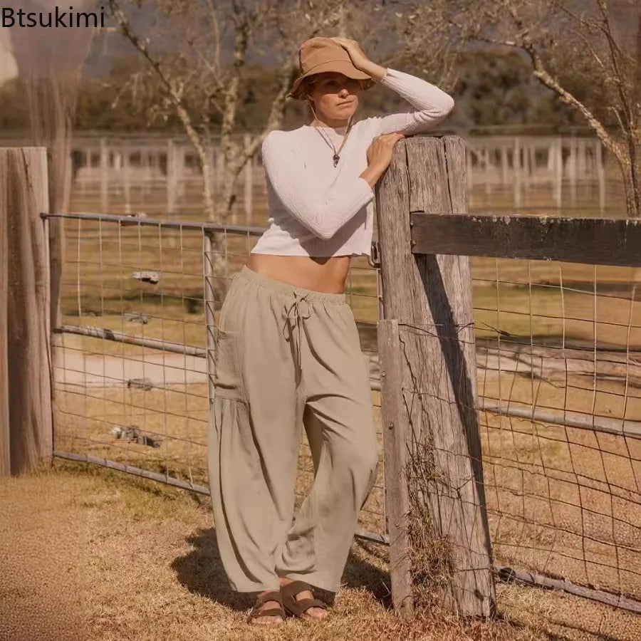 Women's Linen Wide Leg Pants with Pockets