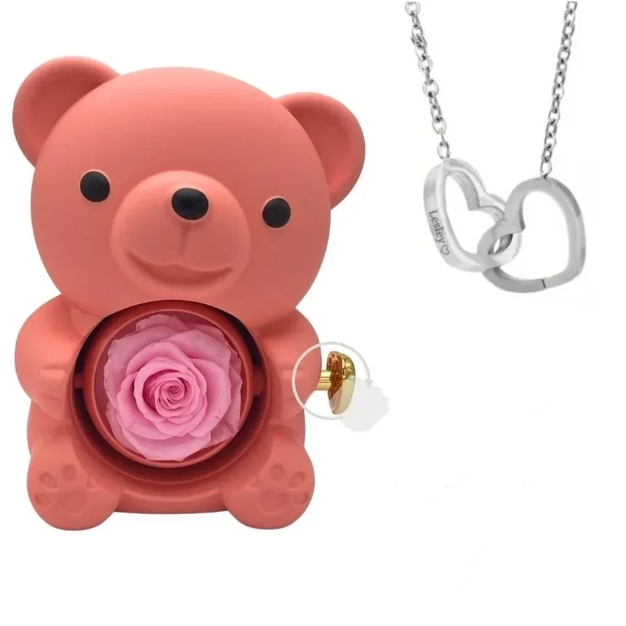 Romantic Teddy Red Bear with Preserved Rose - Real Rose in Elegant Black Gift Box for Anniversaries, Weddings, Bridal Showers, and Mother's Day /beating heart gift.