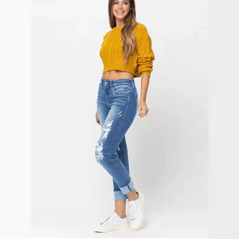 Tummy Control Distressed Cuffed Boyfriend Jeans