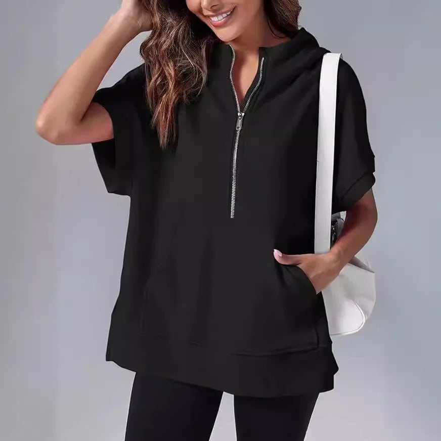 Oversized Casual Half Zip Short Sleeve Pullover Tops with Pockets