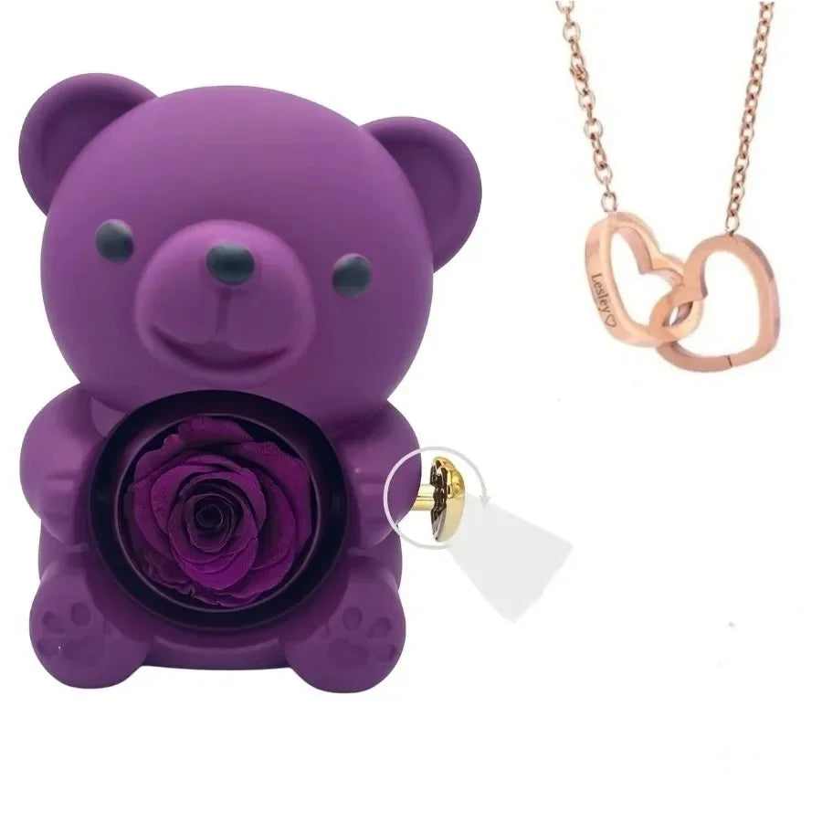 Romantic Teddy Red Bear with Preserved Rose - Real Rose in Elegant Black Gift Box for Anniversaries, Weddings, Bridal Showers, and Mother's Day /beating heart gift.