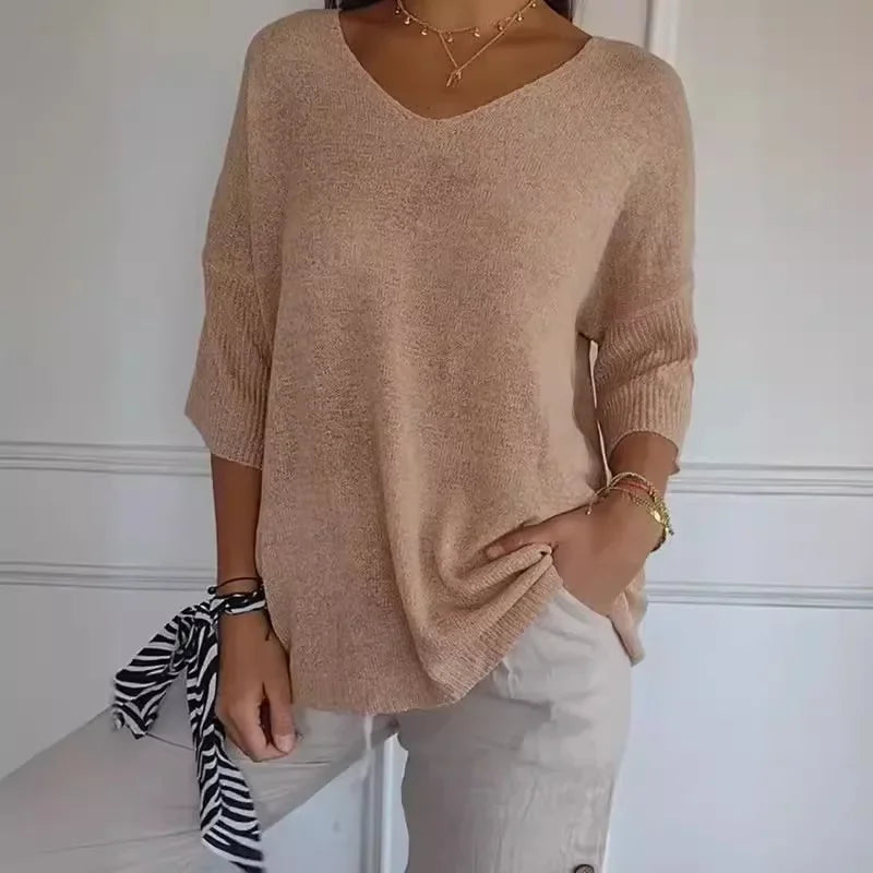 Solid Color Knitted V-neck Top