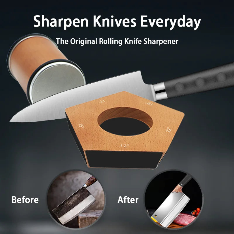 Rolling Knife Sharpener , 100% Natural Beech Wood, Rolling Sharpener for Kitchen and Chef's Knives with Industry Diamond&Corundum Stones for Sharp Edges