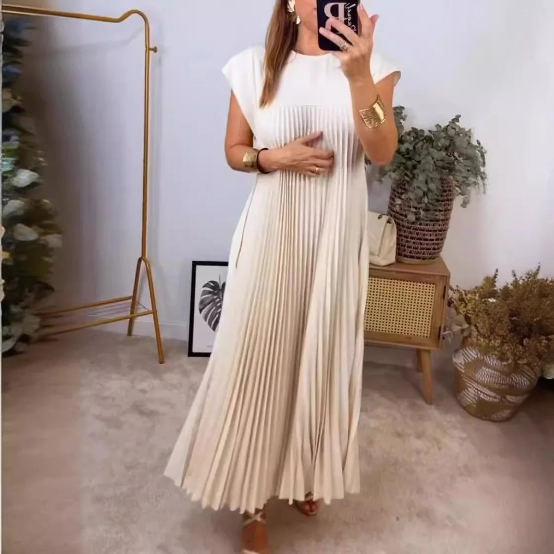 Women Pleated Simple Solid Colour Dress