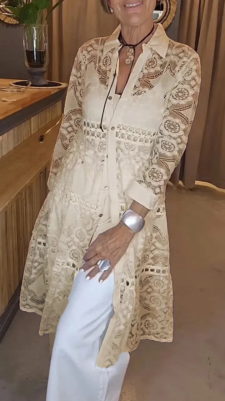 Women's Fashion Lapel Lace Long Shirt