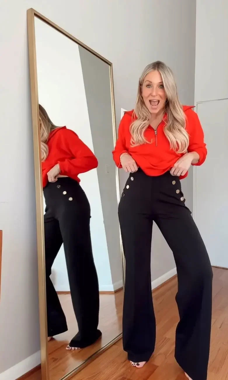 Tummy Control Button Wide Leg Pant