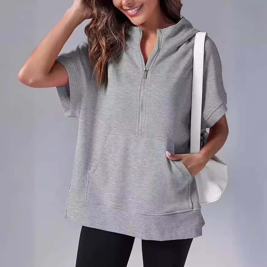 Oversized Casual Half Zip Short Sleeve Pullover Tops with Pockets