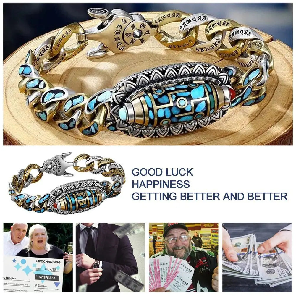 Turquoise Six-character Mantra Nine-eyed Dzi Bead Bracelet