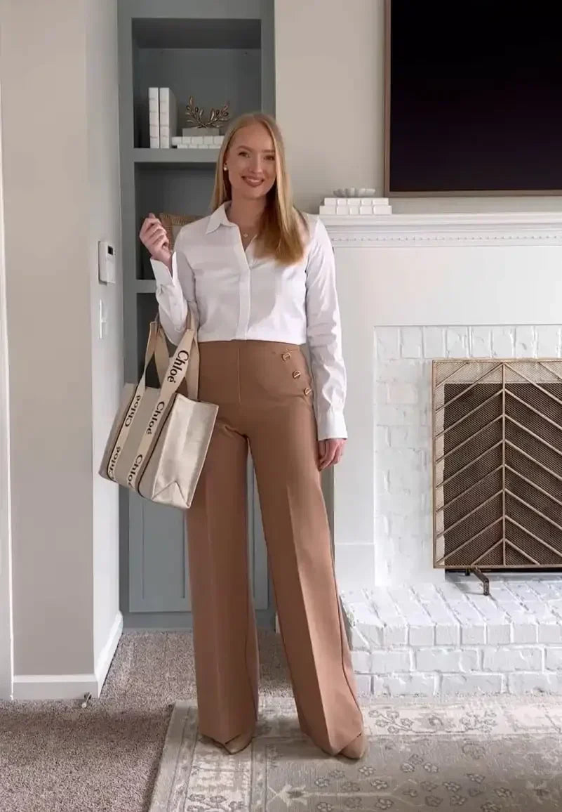 Tummy Control Button Wide Leg Pant