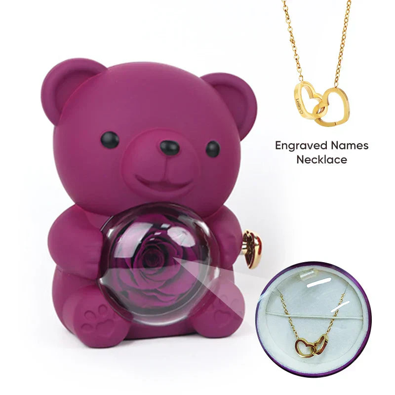 Engraved Heart Necklace with Real Rose Bear Giftbox Rose Shaped Necklace Gift Box Jewellery Gift Box