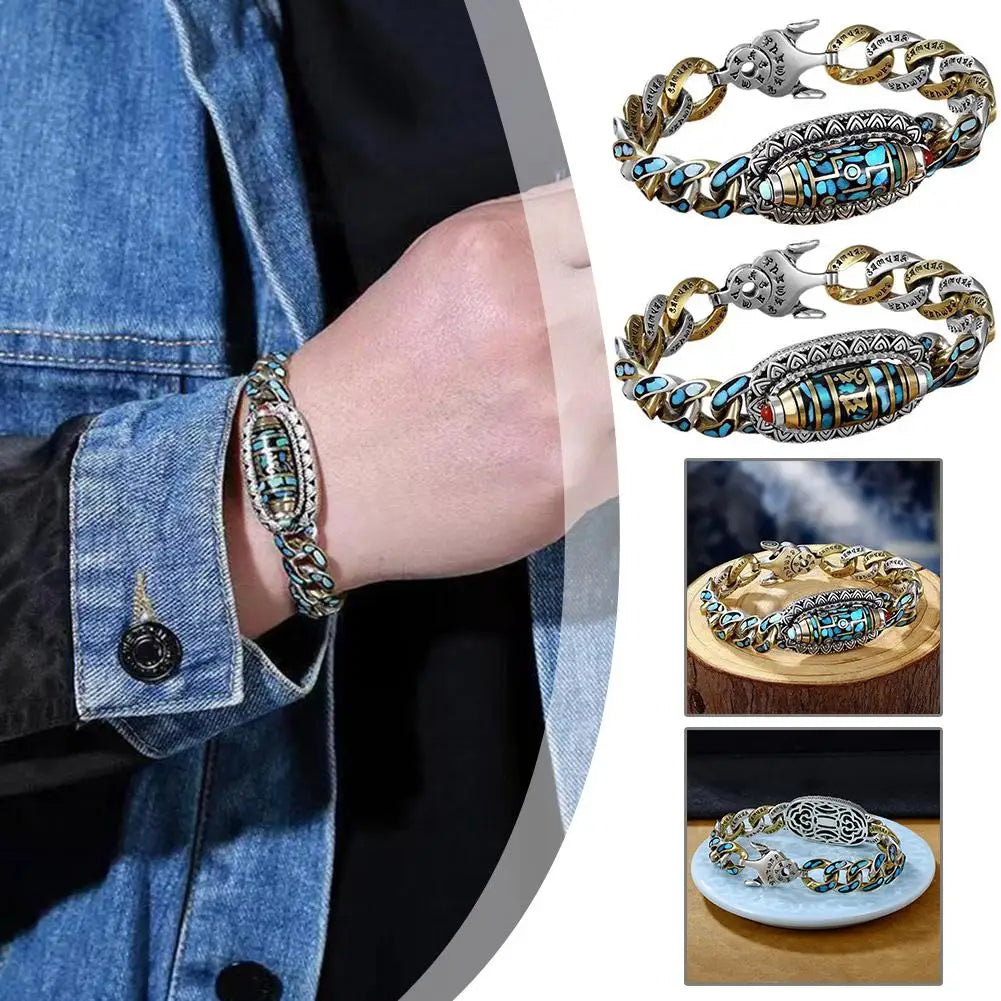Turquoise Six-character Mantra Nine-eyed Dzi Bead Bracelet