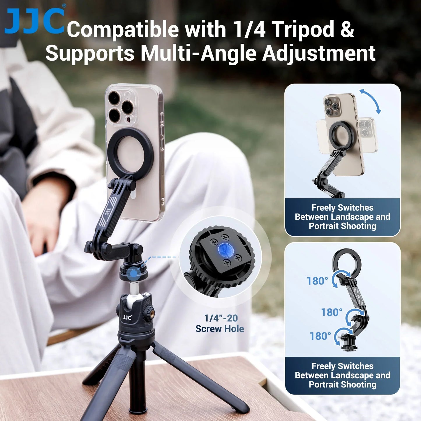 JJC Cold Shoe Smartphone Holder, Magsafe Camera, Smartphone Holder, Tripod, Magnet, Cold Shoe Included, 1/4 Screw Hole, Attaches to Camera Hot Shoe, One Hand Operation, Horizontal Position, Vertical