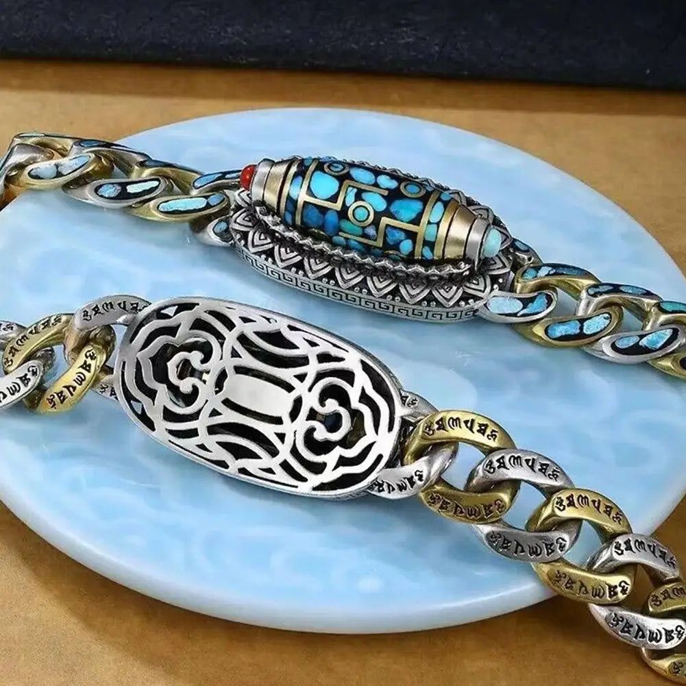 Turquoise Six-character Mantra Nine-eyed Dzi Bead Bracelet