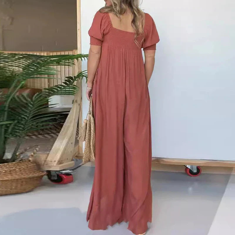 SQUARE NECKLINE JUMPSUIT WITH SMOCKED BODICE BUTTON