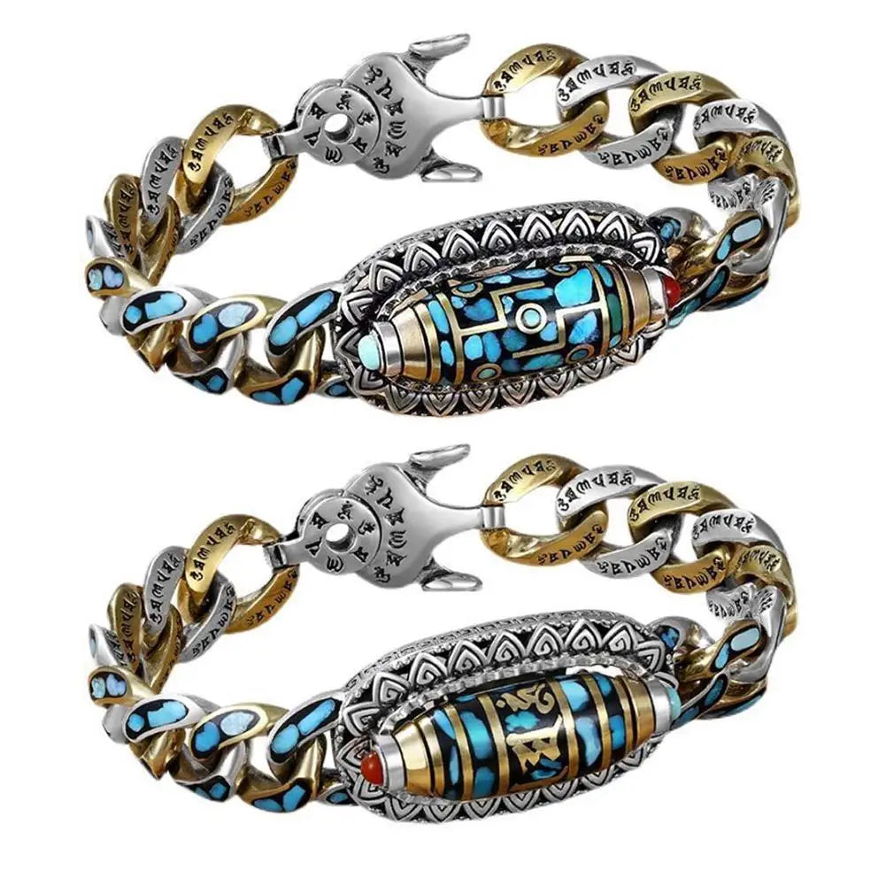 Turquoise Six-character Mantra Nine-eyed Dzi Bead Bracelet