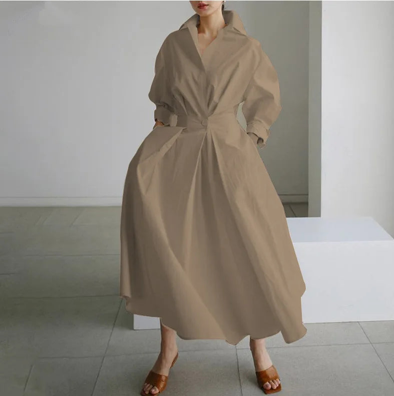 Women's Plain Lapel Shirt Wrap Dress