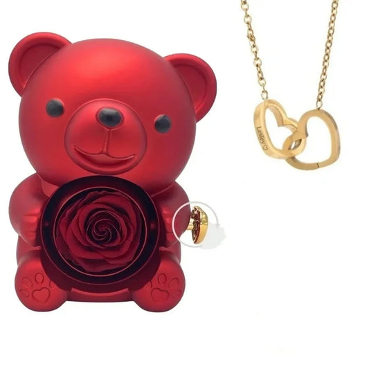 Romantic Teddy Red Bear with Preserved Rose - Real Rose in Elegant Black Gift Box for Anniversaries, Weddings, Bridal Showers, and Mother's Day /beating heart gift.