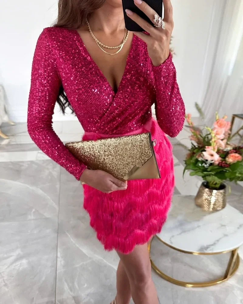 ✨New Arrival✨Sequined Patchwork Layered Fringed Mini Dress