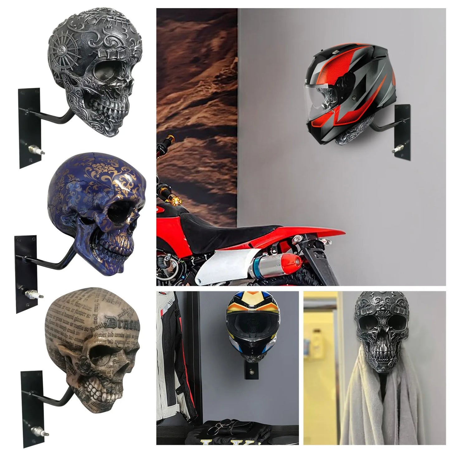 Motorcycle helmet and jacket skull holder