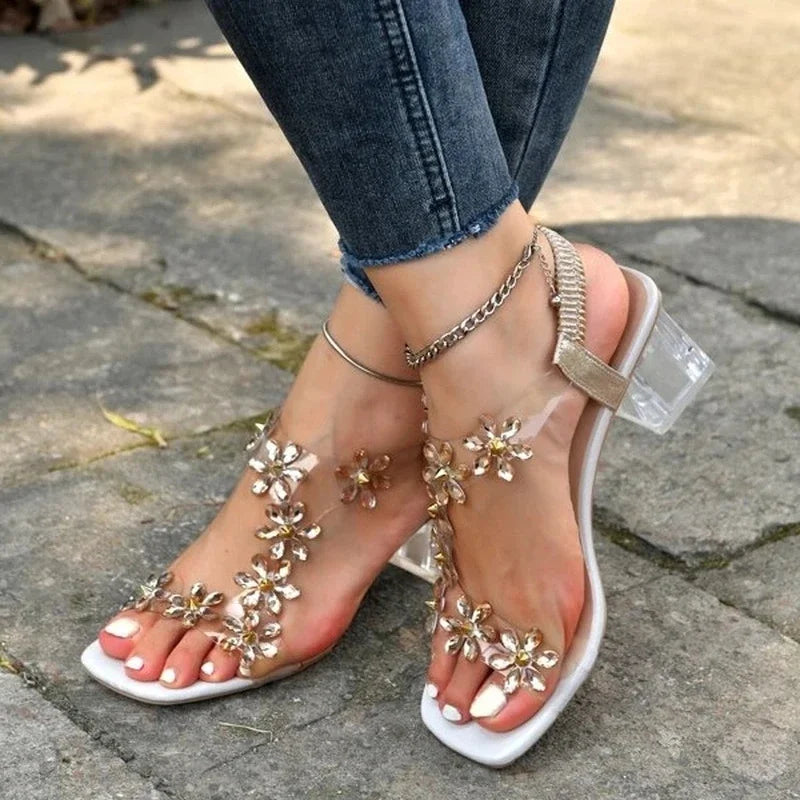 Women's Flower Rhinestone Block Heel Sandals