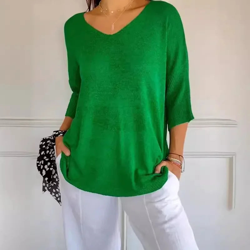 Solid Color Knitted V-neck Top