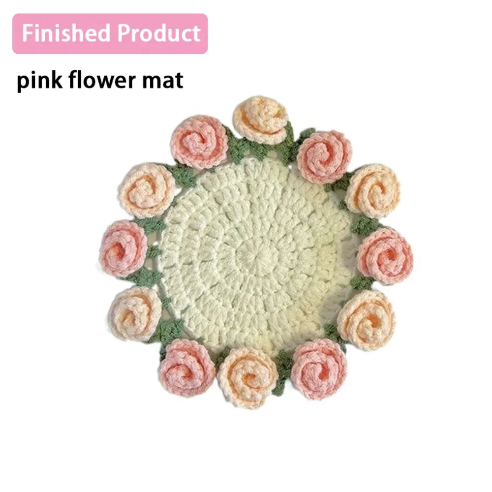 Creative DIY Rose Bouquet Coaster Hand Knitted Mini Flower Coasters Crochet Flower Pot Home Decor