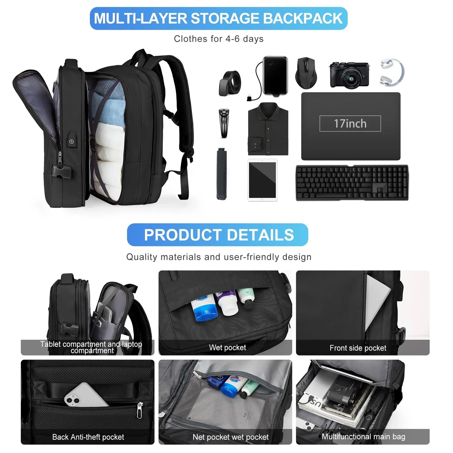 Grey Leather Waterproof Anti-Theft Business Backpack - Large Travel & Hiking Carry-On for Men
