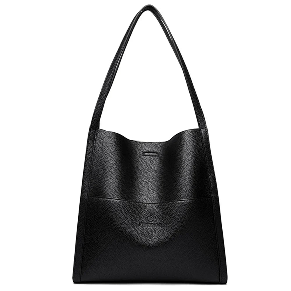 Solid color simple genuine leather shoulder bag
