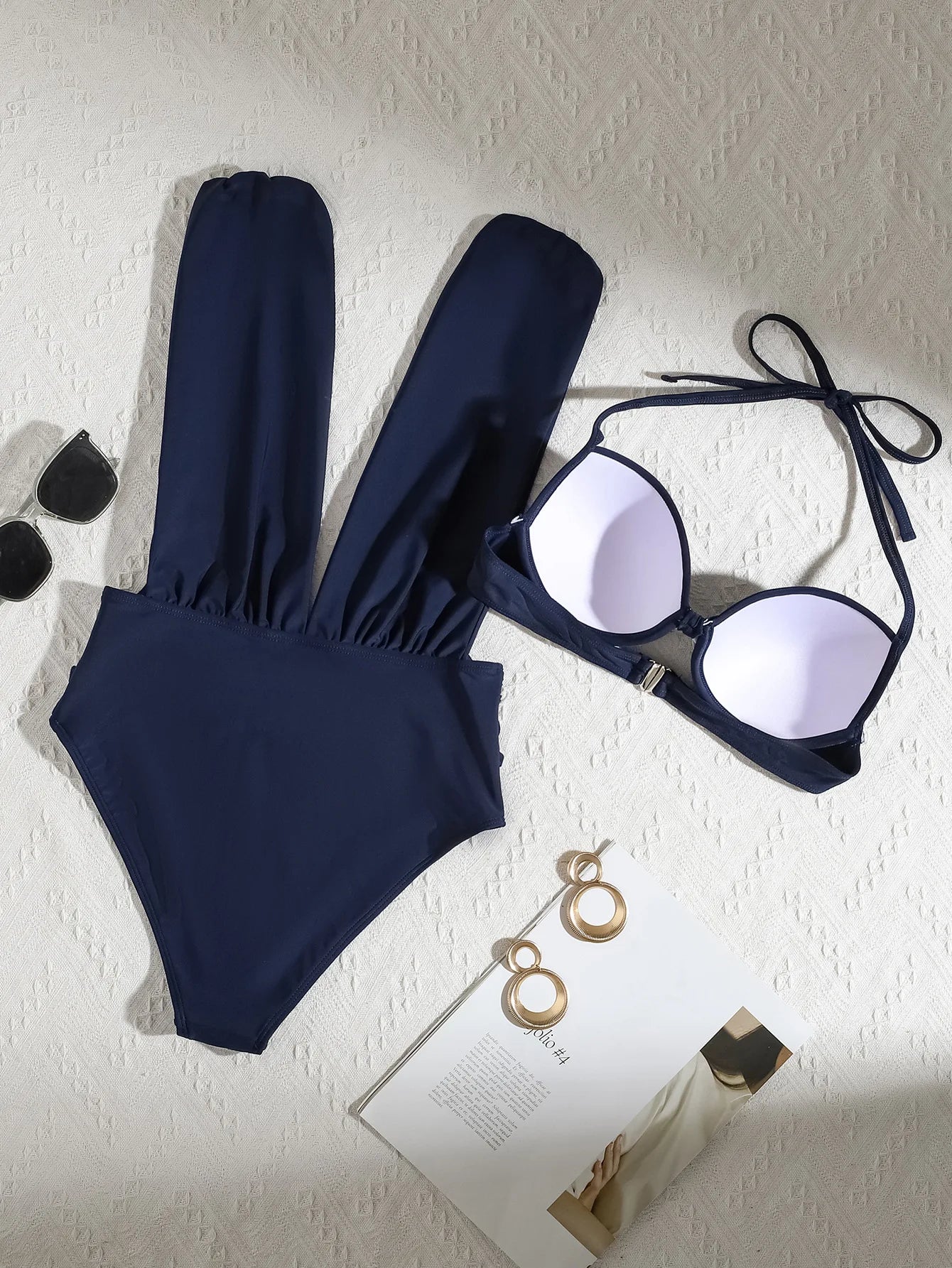 Deep Plunge Ruched Swimsuit with Halter Bra Two-Piece Set