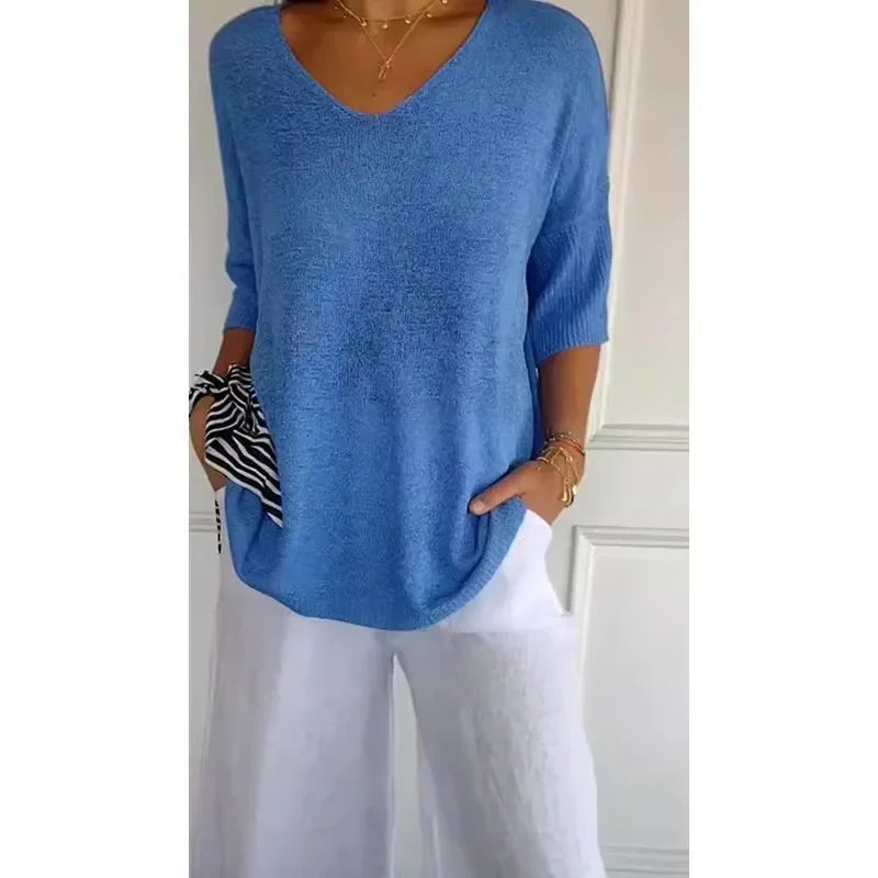 Solid Color Knitted V-neck Top